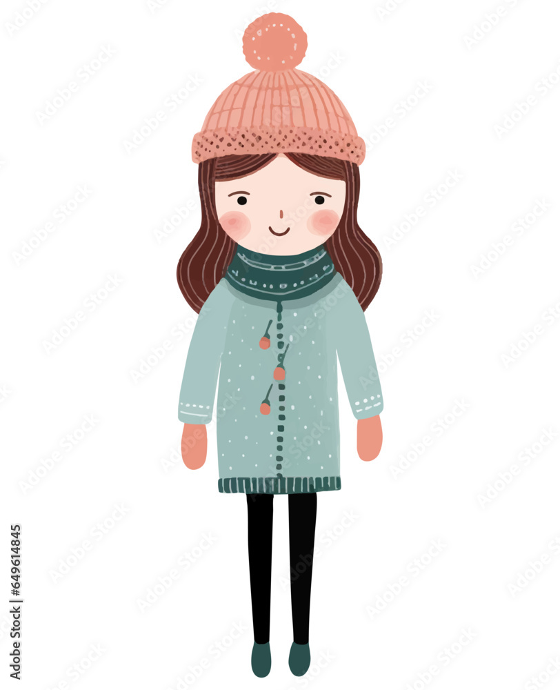 Cute funny girl in winter clothes. Hand drawn girl in fairy tale scandinavian style.