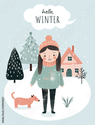 Hand drawn winter poster with girl, snowy trees, house. Wnter christmas card for event invitation, voucher, social media. Wintry scenes. photo