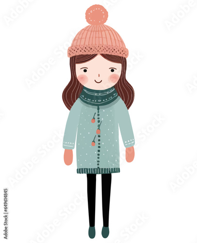Cute funny girl in winter clothes. Hand drawn girl in fairy tale scandinavian style.