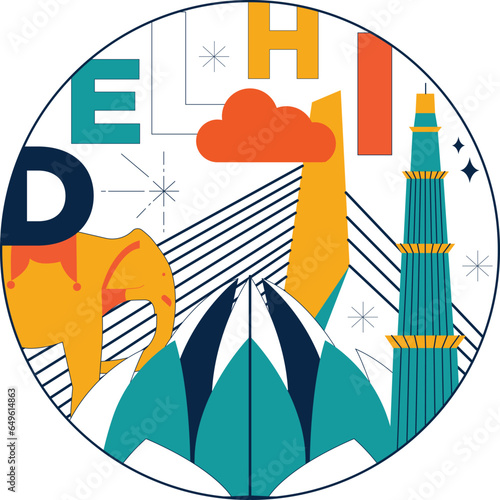 Delhi culture travel set, famous architectures and specialties in flat design. Business travel and tourism concept clipart. Image for presentation, banner, website, advert, flyer, roadmap, icons