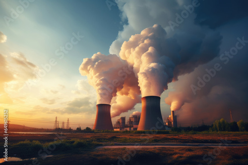 Nuclear power plant, smoke from cooling towers against a blue sky