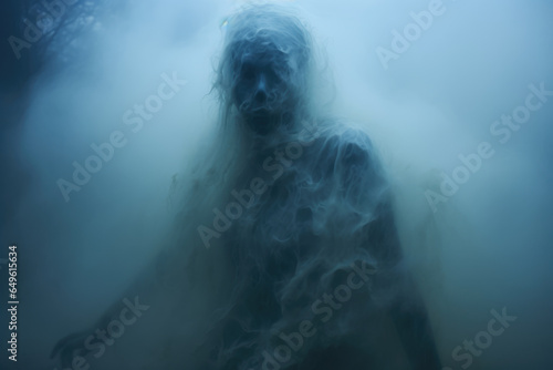 Scary ghost in the fog on dark background