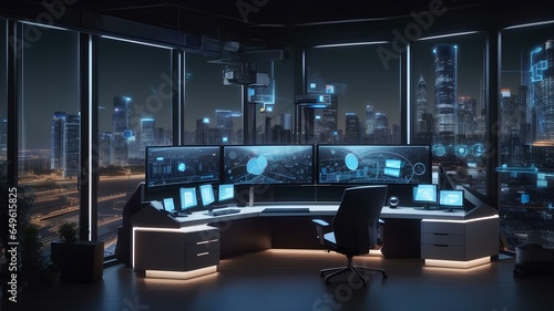 cybersecurity setup in a penthouse with city view full of smart objects and monitors