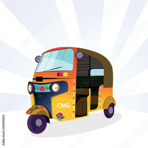 Yellow auto-rickshaw illustrations in India. with rickshaw paint on it. front view of tuk-tuk.