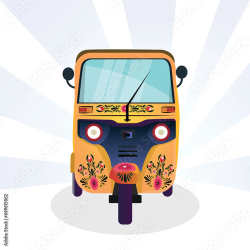 Yellow auto-rickshaw illustrations in India. with rickshaw paint on it. front view of tuk-tuk.