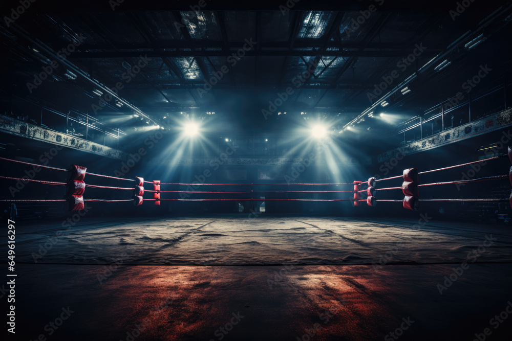 Professional boxing ring in the spotlight - obrazy, fototapety, plakaty 