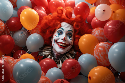 Portrait of a cheerful clown in balloons