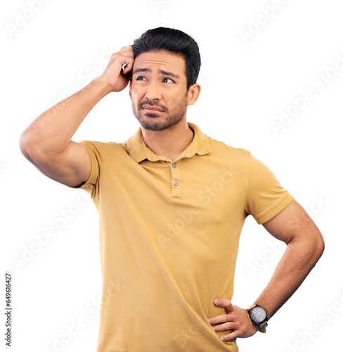 Obraz na płótnie Confused, man and thinking of question, why or decision for problem solving in a crisis on isolated, transparent or png background
