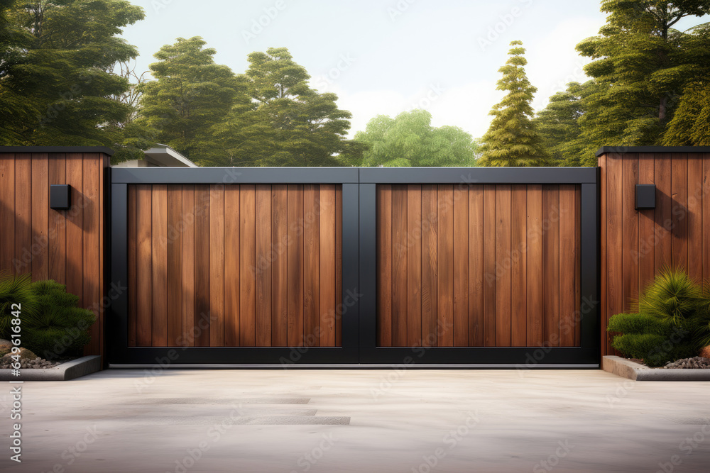 Wide gate with remote control in a modern mansion - obrazy, fototapety, plakaty 