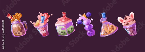 Bubble tea cartoon vector set - cute cold boba drink in glass and plastic cups with chocolate pearl, fruits and decoration. Various fresh dessert delicious beverage with straw for menu design.