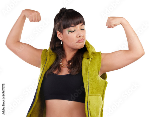 Gen z, woman and flexing arms for empowerment and motivation isolated on a png background. Girl power, person and strength with freedom, winner and style with confidence, strong and trendy fashion photo