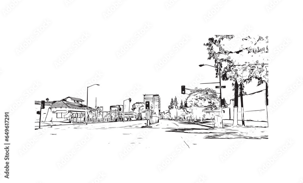 Building view with landmark of  San Bernardino is the city in California. Hand drawn sketch illustration in vector.