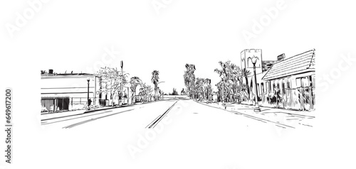 Building view with landmark of San Bernardino is the city in California. Hand drawn sketch illustration in vector.