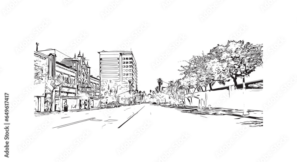 Building view with landmark of  San Bernardino is the city in California. Hand drawn sketch illustration in vector.