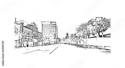 Building view with landmark of San Bernardino is the city in California. Hand drawn sketch illustration in vector.