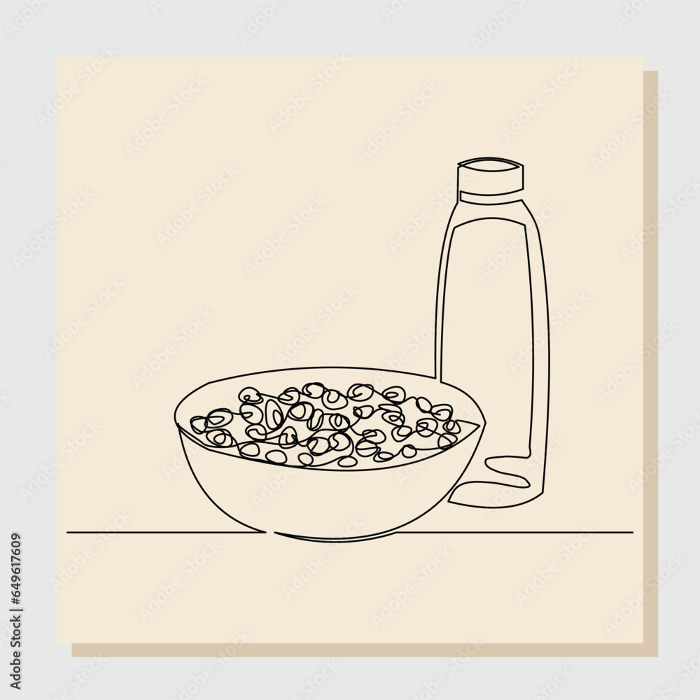 Continuous line drawing of a bowl of cereal breakfast and bottle ...