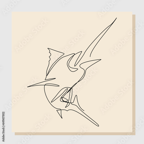 Continuous single one line drawing of big swimming swordfish marlin fish. Line concept of under water life. Vector illustration