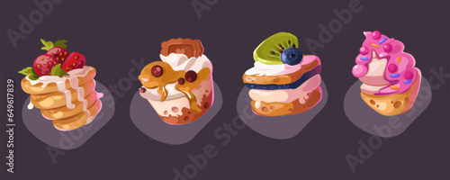 Pancake and cake dessert vector icon illustration. Cartoon sweet breakfast isolated set. Strawberry pastry and honey panna snack design for food menu. American bakery pile with berries and meringue