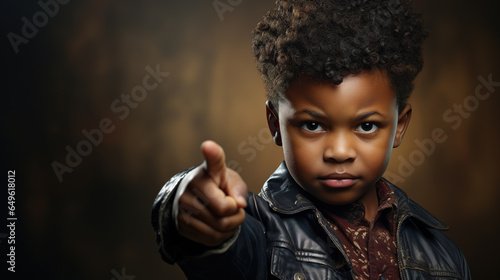Serious African American child boy in leather jacket showing finger gesture while standing on dark background with copy space