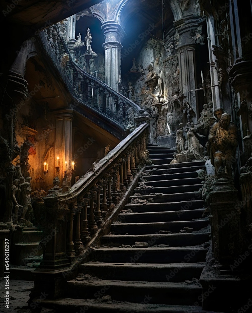 Old scary building staircase - obrazy, fototapety, plakaty 