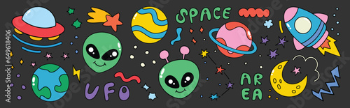 Set of 70s groovy element vector. Collection of cartoon character, doodle smile face, UFO, UAP, alien, spaceship, rocket, saturn, star. Cute retro groovy hippie design for decorative, sticker, kids.