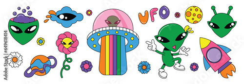 Set of 70s groovy element vector. Collection of cartoon character, doodle smile face, UFO, UAP, alien, spaceship, rocket, flower. Cute retro groovy hippie design for decorative, sticker, kids.