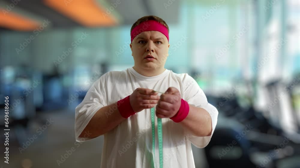 Upset obese man looking at result on measure tape, isolated on gym background Upset obese man looking at result on measure tape, isolated on gym background