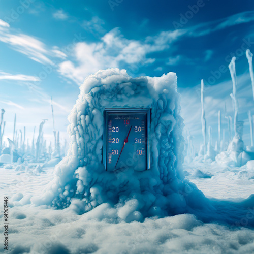 Temperature Absolute Zero.  Generative AI.
A digital rendering of a thermometer sitting is snow to illustrate the concept of absolute zero.
