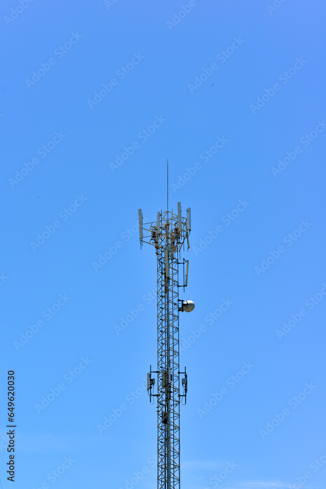 Telecommunication tower of 4G and 5G cellular. Cell Site Base Station. Wireless Communication Antenna Transmitter. Telecommunication tower with antennas sky background Telecommunication tower of 4G and 5G cellular. Cell Site Base Station. Wireless Communication Antenna Transmitter. Telecommunication tower with antennas sky background