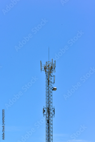 Telecommunication tower of 4G and 5G cellular. Cell Site Base Station. Wireless Communication Antenna Transmitter. Telecommunication tower with antennas sky background