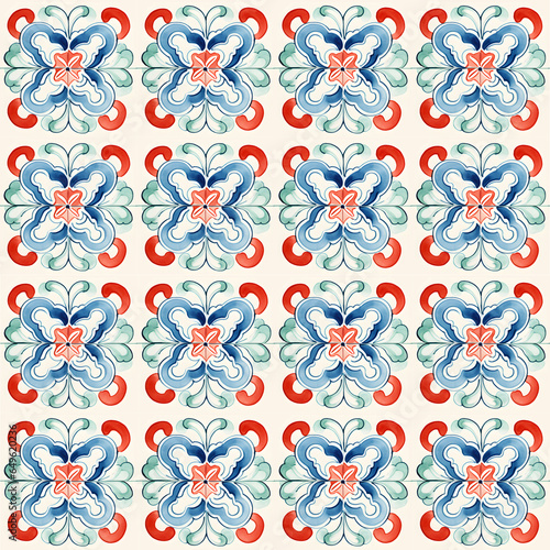 Watercolor blue and red Chinese seamless tiles. Chinese pattern, tile collection. Asian ornamental background