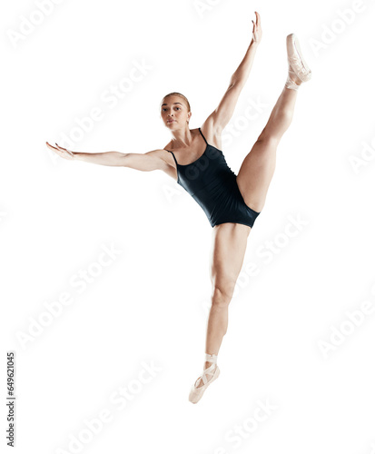 Portrait, art and ballet, woman isolated on transparent png background in body kick or stretching legs. Ballerina dancer training in theatre performance, creative dance and balance for fitness energy