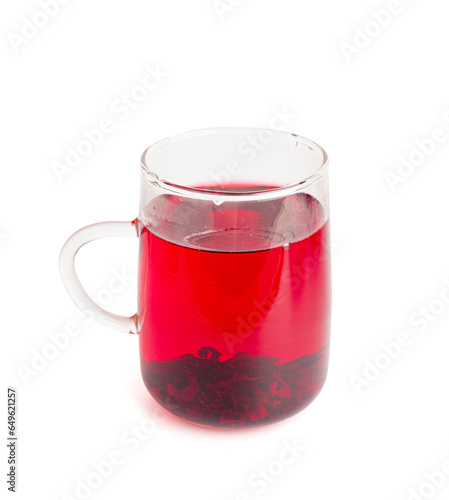 Hibiscus Tea, Dry Rose Drink, Cold Fruit Red Tea in Transparent Mug, Roselle Hibiscus Tea