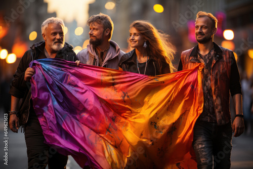 Mature lesbian and gay men and women holding lgbt flag at demonstration