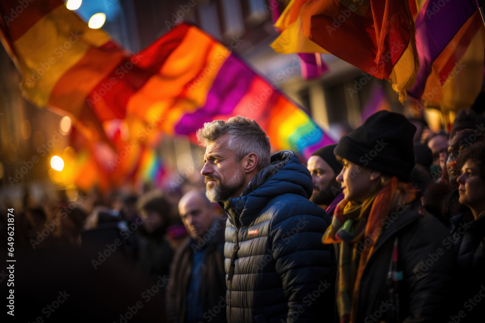 Mature caucasian gay man at demonstration, parade of lgbt community