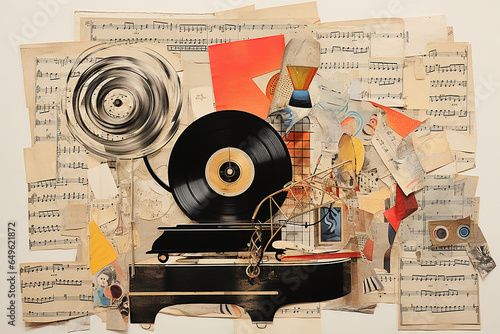 paper collage. Vintage music background with gramophone, notes and other objects.  photo