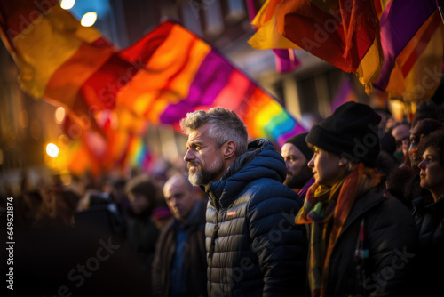 Mature caucasian gay man at demonstration, parade of lgbt community