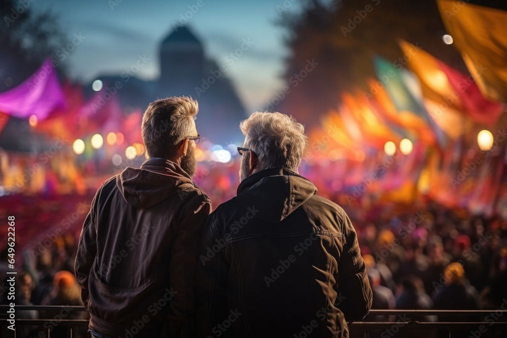 Back view of two mature gays in love at an LGBT demonstration
