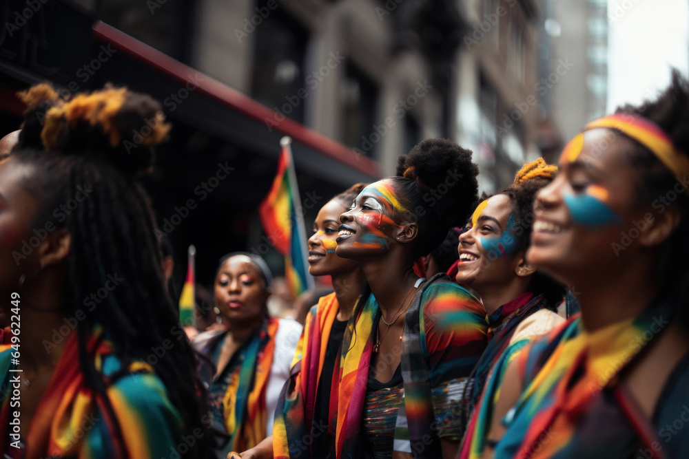 African girls with painted rainbow colors on faces during lgbt demonstration