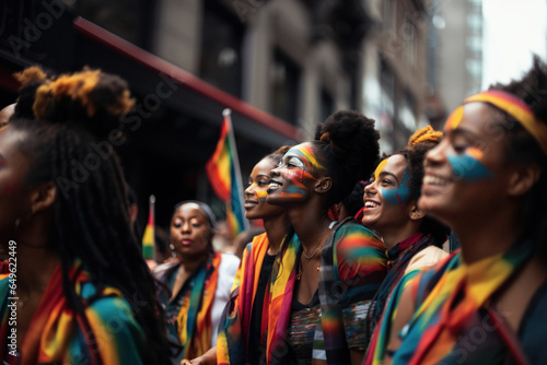 African girls with painted rainbow colors on faces during lgbt demonstration