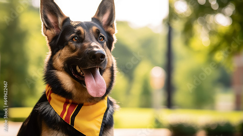 Happy German Shepherd dog wearing german flag collar. 