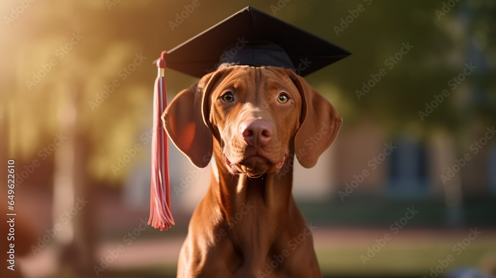 Hungarian vizsla dog wearing university graduation cap. Education in Hangary or language learning concept.