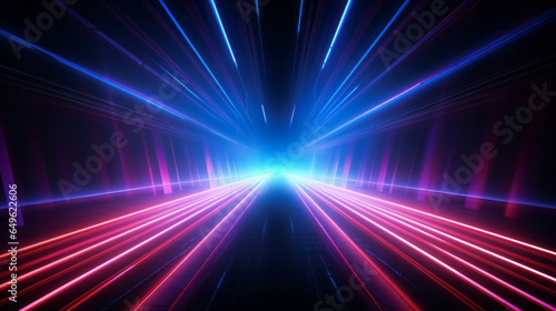 Motion speed neon light tunnel or corridor. Futuristic laser cyberspace perspective background. © Bisams