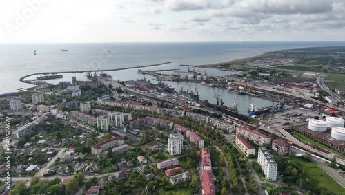 Aerial view of Georgian port city of Poti located at entrance of Rioni river into Black Sea on sunny autumn day, Samegrelo-Zemo Svaneti region. photo
