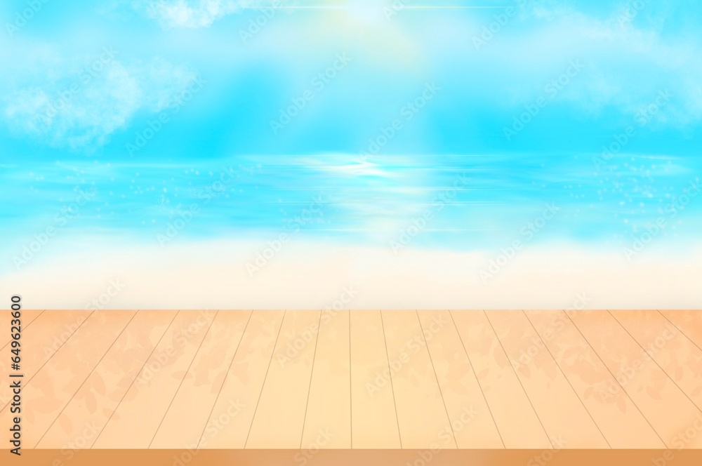 Blank wooden table with sea, beach and sky background for product display