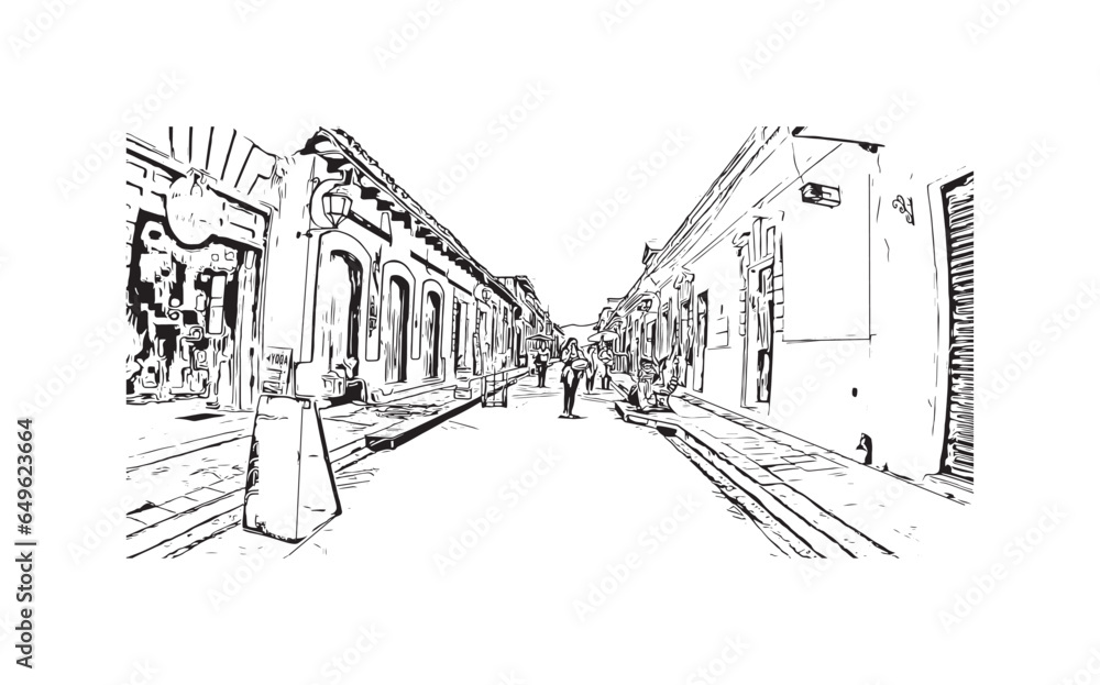Building view with landmark of  San Cristobal de las Casas is the town in Mexico. Hand drawn sketch illustration in vector.