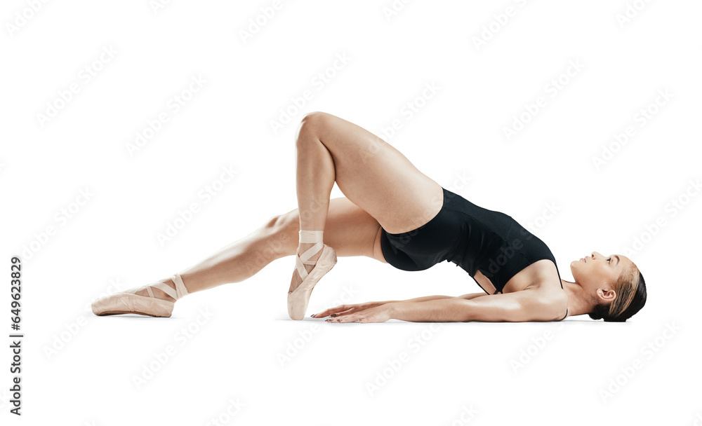 Floor, art and ballet, woman isolated on transparent png background, body stretching or lying on ground. Ballerina dancer training in theatre performance, creative dance and balance in fitness energy