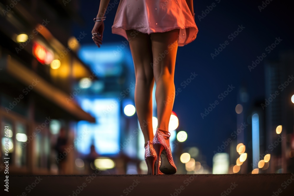 Legs of a young woman in high-heeled shoes in the city at night, Close up photo of beautiful woman's legs in high heels. Night city life, AI Generated - obrazy, fototapety, plakaty 