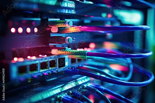 Fiber Optic cables connected to an optic ports in data center, close up of network cables connected to an internet hub, shallow depth of field, AI Generated