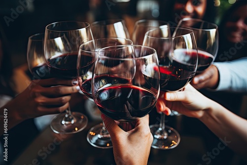 Group of friends toasting red wine glasses. Close up of female hands with glasses of red wine. Closeup of a stethoscope on a medical uniform, AI Generated